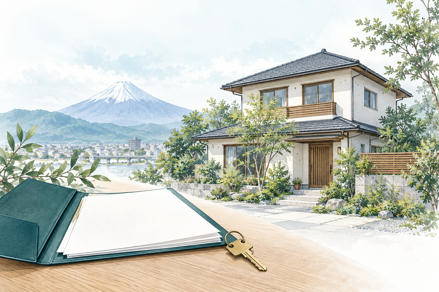 富士山と住宅、相続不動産の手続きを表す書類と鍵のイラスト
